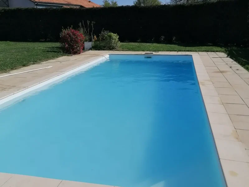 Piscine rectangulaire à l'eau bleu clair entourée de margelles beiges, dans un jardin arboré bordé d'une haie taillée sous un ciel dégagé